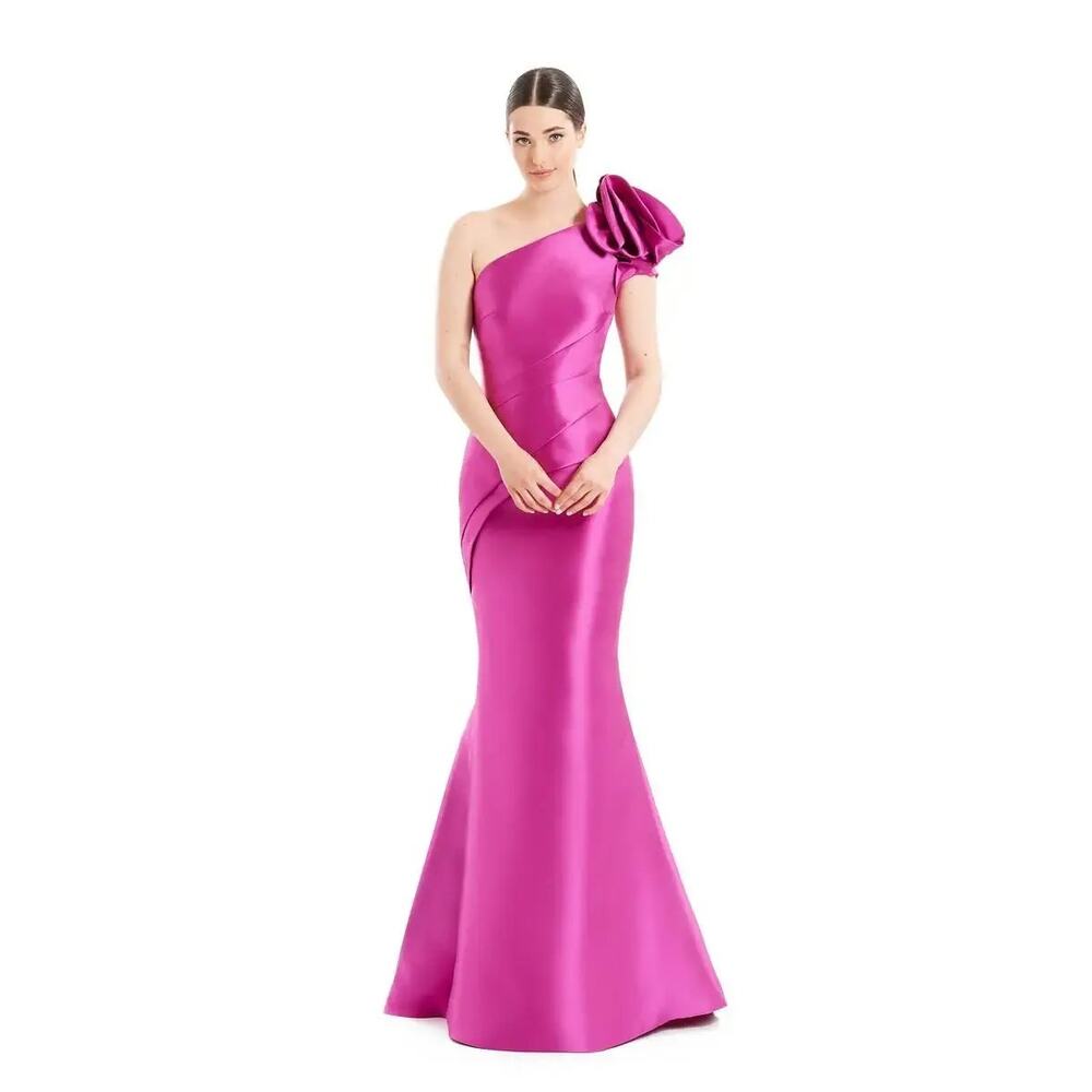 Alexander By Daymor Mermaid Maxi Dress Fushia One-Shoulder Pleated  Size 8
